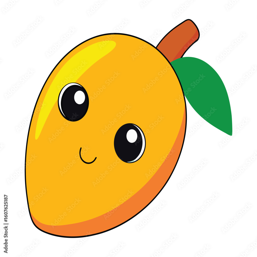 Fototapeta premium Cute cartoon mango character with smiling face and green leaf isolated on white background