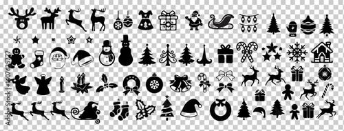 Black Christmas Icon Set on Transparent Background – Collection of Holiday Symbols Including Reindeer, Santa Claus, Snowman, Christmas Tree, Gifts, Ornaments, and Winter Elements for Web and Print

