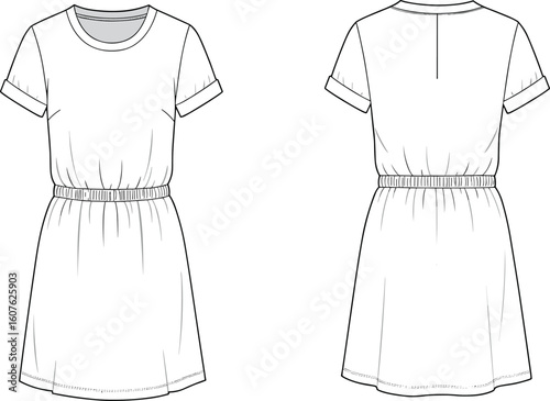 Women's short-sleeved t-shirt dress fashion flat sketch technical cad drawing, featuring an elasticized waist and cuffed sleeves, a versatile and comfortable summer apparel design.