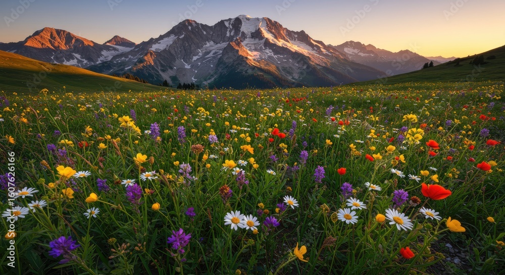 Fototapeta premium Alpine Meadow Sunset: Vibrant Wildflowers Against Majestic Snow-Capped Peaks