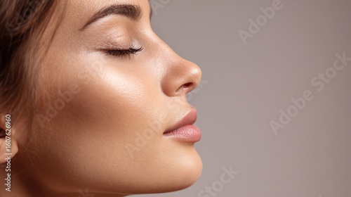 Profile of beautiful young woman with closed eyes breathing deeply, showing perfect nose after rhinoplasty surgery, cosmetology and beauty treatment concept