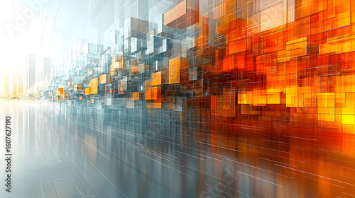 Abstract Cityscape: Interlocking Orange and Blue Cubes with Refl