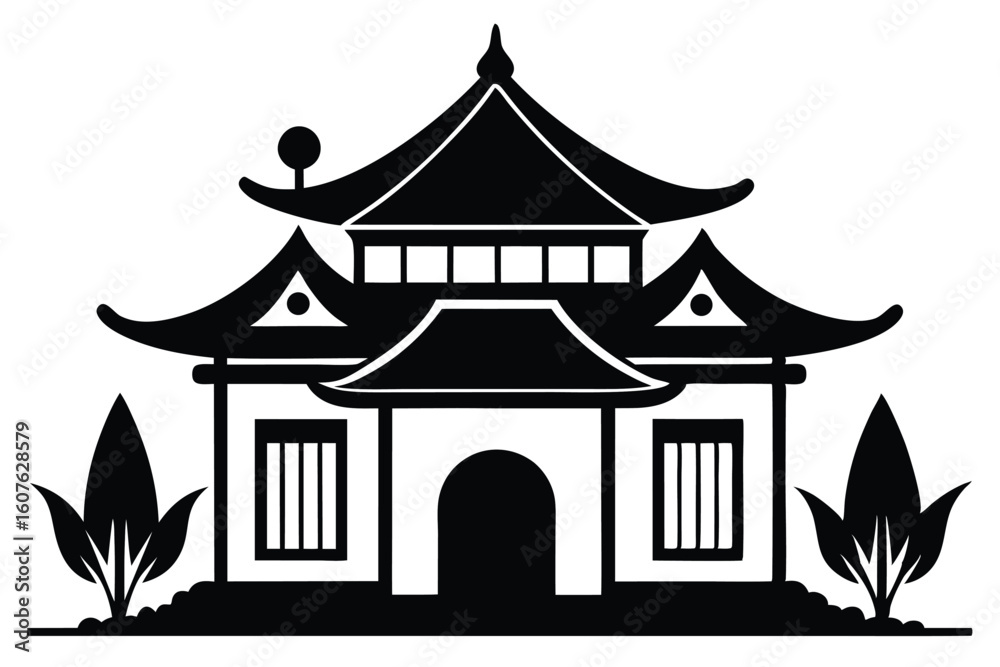 Fototapeta premium Black and White Silhouette of Traditional Asian Pagoda with Plants Illustration