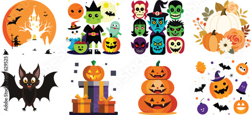 Halloween celebration characters and objects flat color vector icon set.