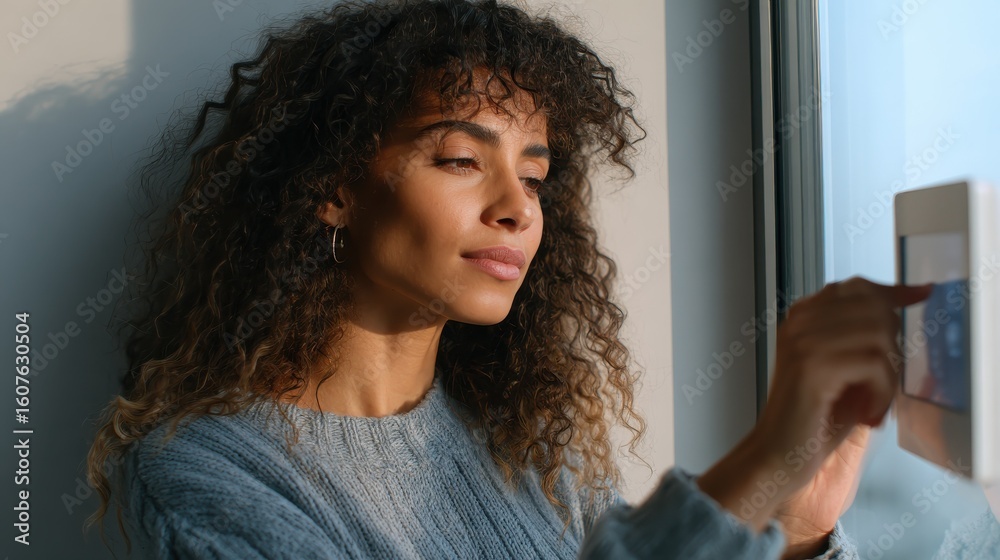 Fototapeta premium Young african woman using smart home touch screen ai technology connected appliances device on wall monitoring energy security heating system digital control in apartment. Smart home concept. Closeup
