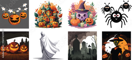 Halloween celebration characters and objects flat color vector icon set.