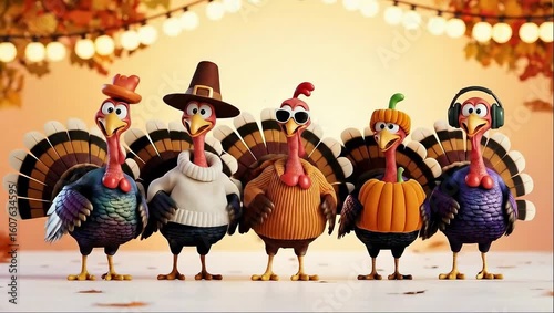 Funny cartoon turkeys in festive outfits dancing together, autumn leaves falling, Thanksgiving celebration concept, ideal for holiday animation and children’s content