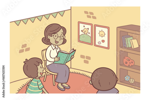 A kind teacher enthusiastically reads a book to two attentive children in a cozy classroom setting