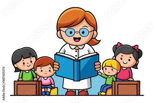 Joyful teacher reads aloud to engaged young students in a bright classroom setting