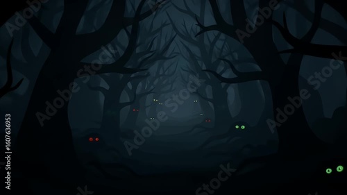A spooky illustrated path through a dark enchanted forest at night, where mysterious glowing red and green eyes watch from the shadows.