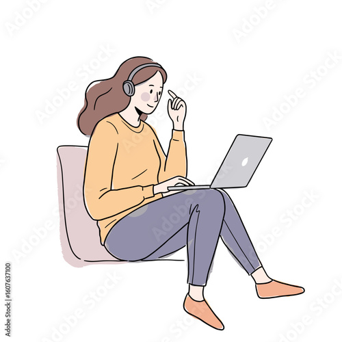 Young woman using laptop while smiling and sitting on a chair  