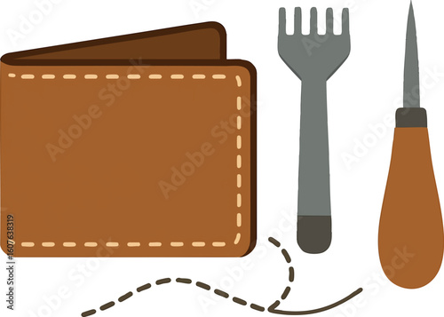 Flat vector leather wallet in progress with punch tools and stitching line, artisanal concept, isolated on white