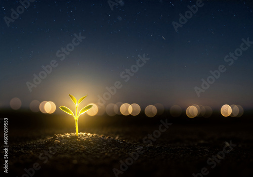 Young Sprout Illuminated at Night with a Starry Background and Warm Glow