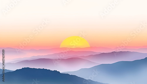 Soft pastel sunrise over misty layered mountains, serene landscape with gentle pink, purple, and blue hues, peaceful morning scene with glowing sun on horizon and tranquil atmosphere