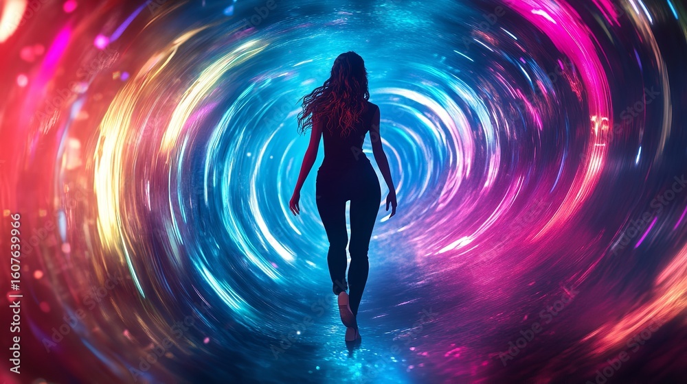 Naklejka premium A person explores a glowing tunnel of light and energy in a futuristic digital landscape