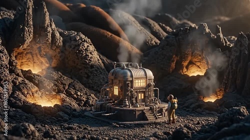 Lunar Outpost A Futuristic Dwelling on a Rocky Exoplanet landscape with geothermal vents and a lone explorer.