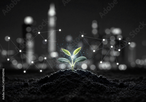 Glowing Sapling Sprouts Amidst a Vibrant. Digital Innovation Enhances Natural Growth of a Plant in a Conceptual Display