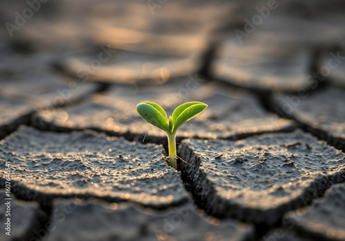 A single seedling grows in cracked, dry soil, symbolizing resilience against tough conditions.