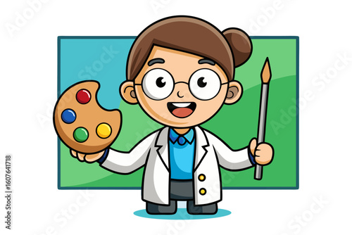 Joyful cartoon artist with paintbrush and palette ready to create masterpieces on a blank canvas background