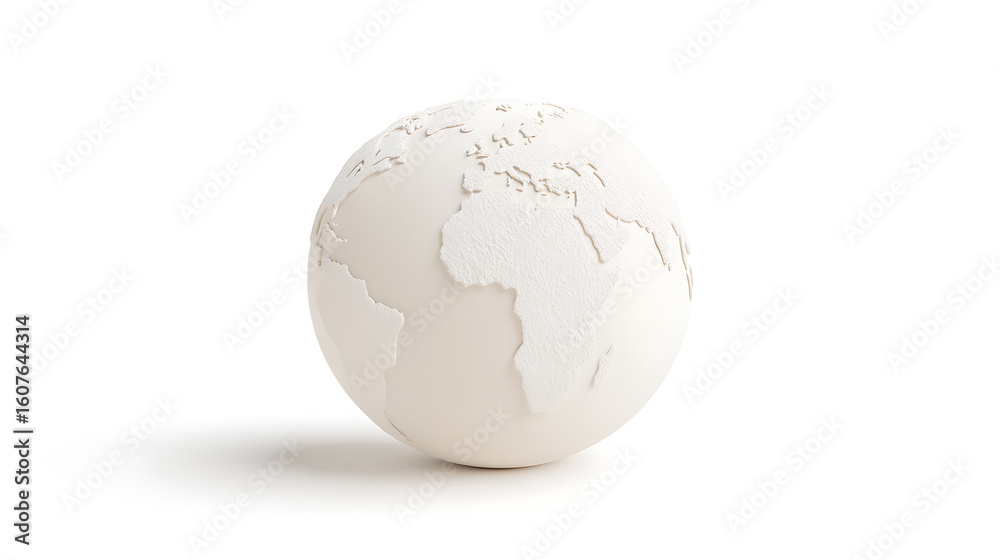 Fototapeta premium Monochrome World: A textured globe against a white backdrop. The delicate sculpting details the planet's continents and a subtle shadow adds depth.