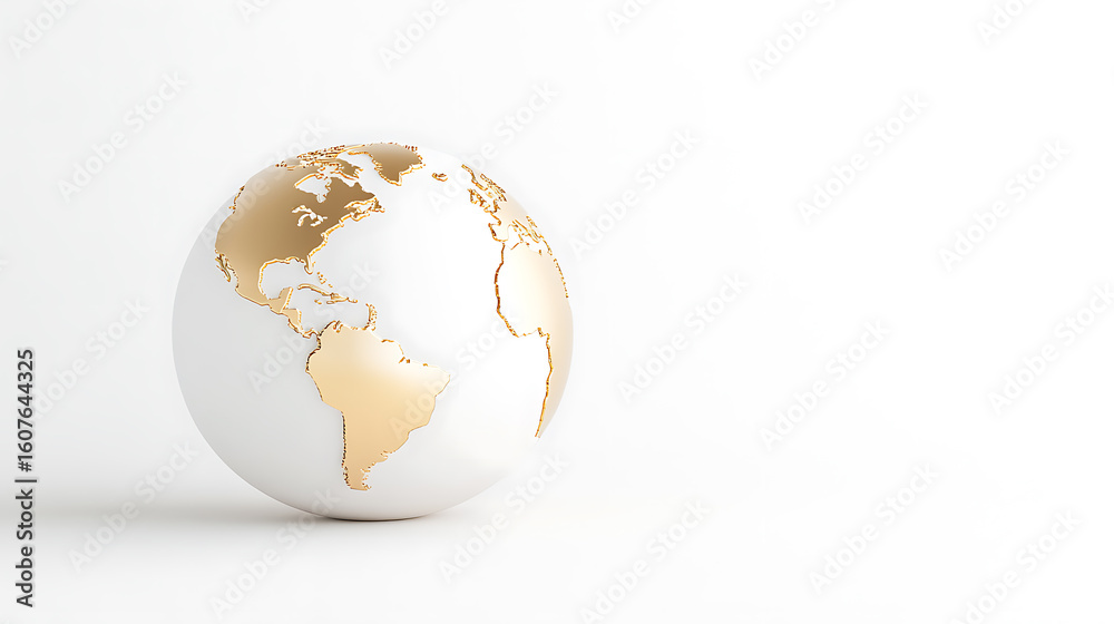 Fototapeta premium A spherical representation of Earth with golden continents on a white background. A global concept emphasizing geography and planet Earth. Clean aesthetic.