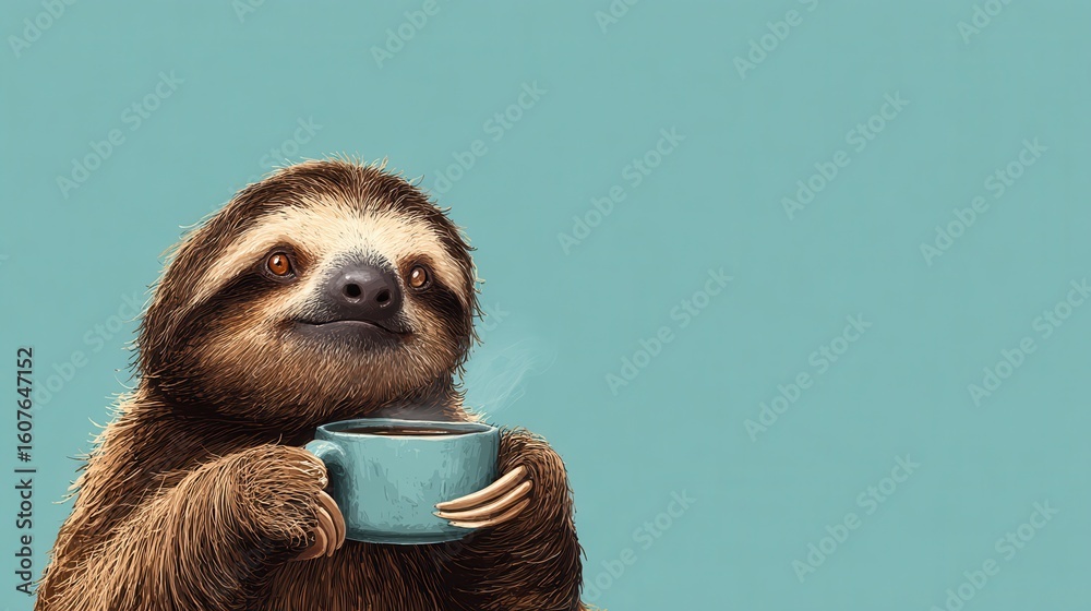Fototapeta premium Sloth drinking coffee cartoon illustration funny animal