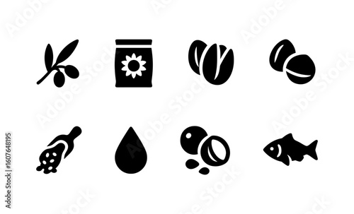 Collection of bold food icons: olive, seed, nut, and fish silhouettes