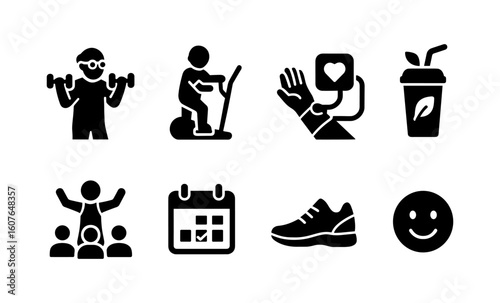 Health and fitness icons: workout, monitoring, nutrition, community, and wellness symbols