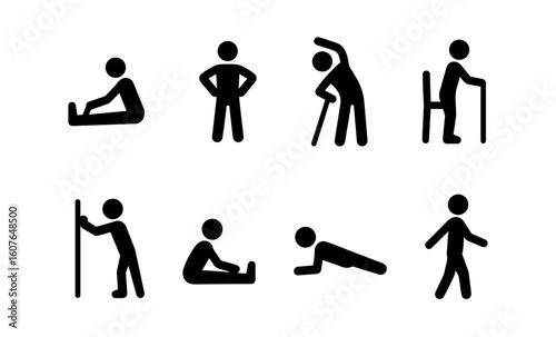 Pictogram set of exercise routines featuring stretching and strengthening poses