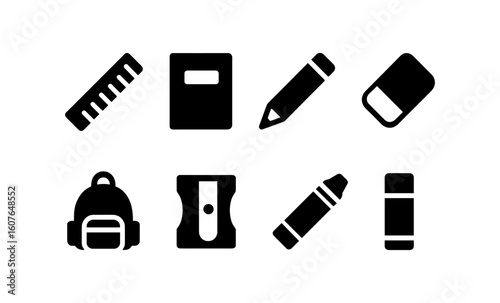 Silhouette icons of school supplies: ruler, notebook, eraser, backpack and more