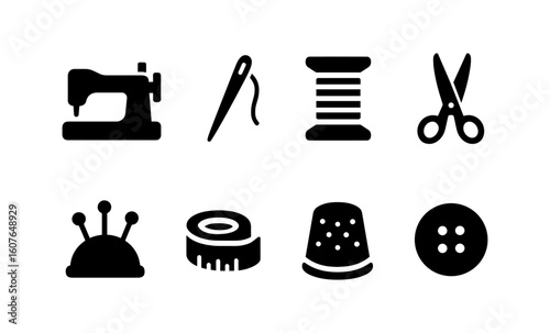 Sewing tool icons: stylish black silhouettes of essential tailoring items