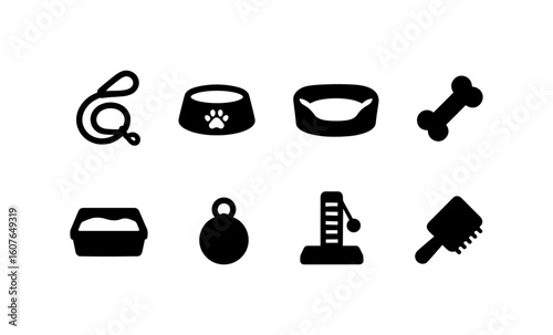 Silhouette pet accessories icons set: bowls, leash, bed, bone, litter, tag, scratcher, brush