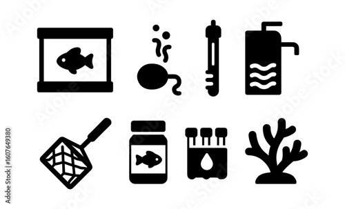 Aquarium essentials: fish tank, tools, and decor in silhouette style