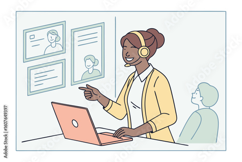 Customer service representative with headset and laptop assists clients through video conference calls on a digital display