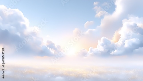 A soft, ethereal sky filled with fluffy white clouds, illuminated by a warm, golden light

