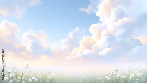A field of white flowers under a blue sky filled with fluffy clouds
