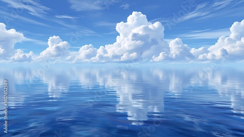 A bright blue sky with fluffy white clouds reflecting in calm water
