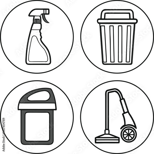 Four cleaning icons spray bottle trash can dustpan and vacuum cleaner vector