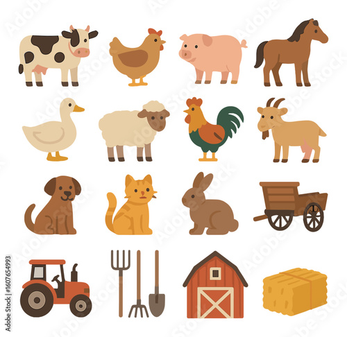 Cute farm animals and equipment icons with barn and tractor