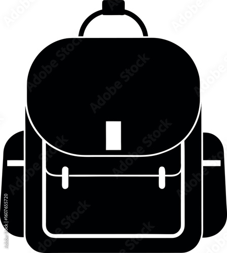 Black Silhouette School Bag Vector with Buckled Flap and Side Pockets