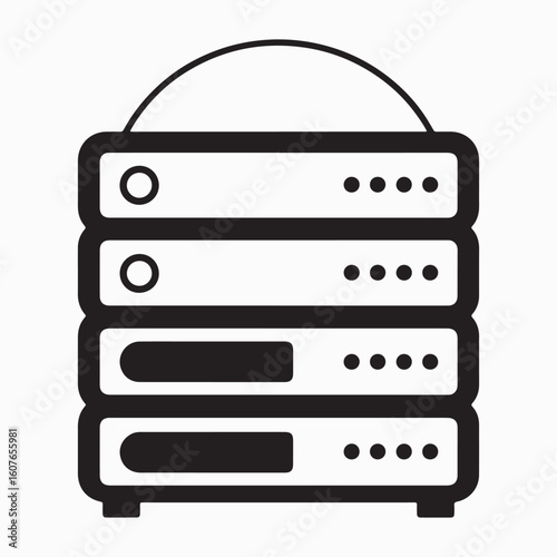 A stylized flat icon illustration of a stack of four server racks with indicator lights and a curved handle on a light cream background representing data storage and technology infrastructure