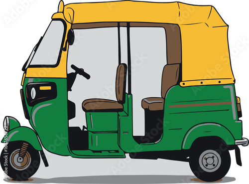 Eye Catching Illustration of a Green and Yellow Auto Rickshaw a Common Sight in Many Urban Areas
