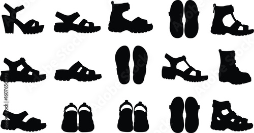 Comprehensive vector silhouettes of various sandals and open-toed footwear styles, perfect for fashion, summer, casual wear, and outdoor-themed designs.