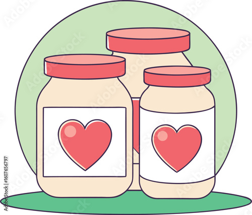 Three cartoon jars with red hearts on labels and red lids container glass