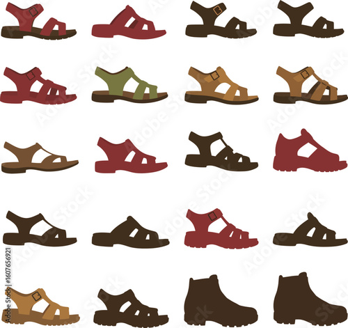 Diverse vector collection of colored sandals and open-toed footwear styles, perfect for fashion, summer, casual wear, and outdoor adventure designs.