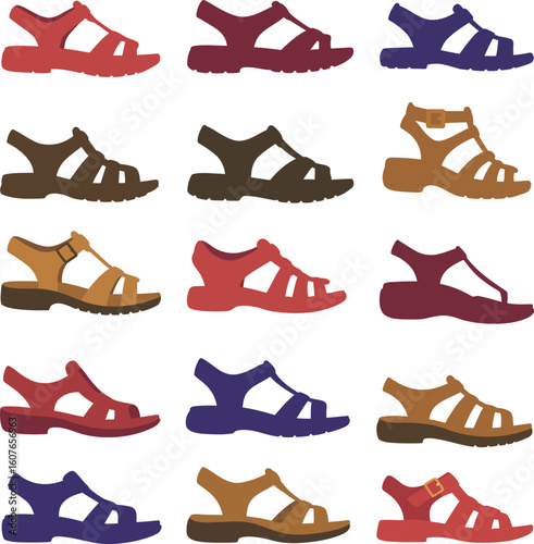 Diverse vector collection of colored sandals and open-toed footwear styles, perfect for fashion, summer, casual wear, and outdoor adventure designs.