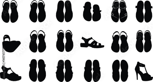 Comprehensive vector silhouettes of various sandals and open-toed footwear styles, perfect for fashion, summer, casual wear, and outdoor-themed designs.