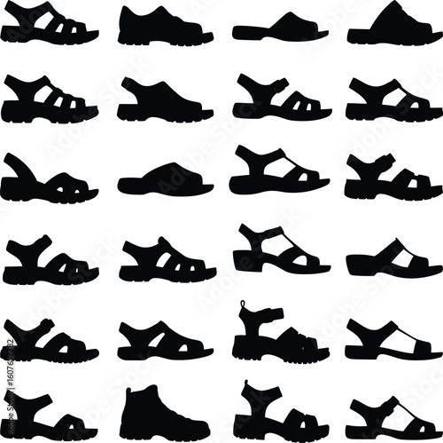 Comprehensive vector silhouettes of various sandals and open-toed footwear styles, perfect for fashion, summer, casual wear, and outdoor-themed designs.