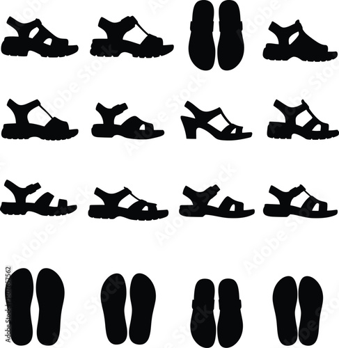 Comprehensive vector silhouettes of various sandals and open-toed footwear styles, perfect for fashion, summer, casual wear, and outdoor-themed designs.