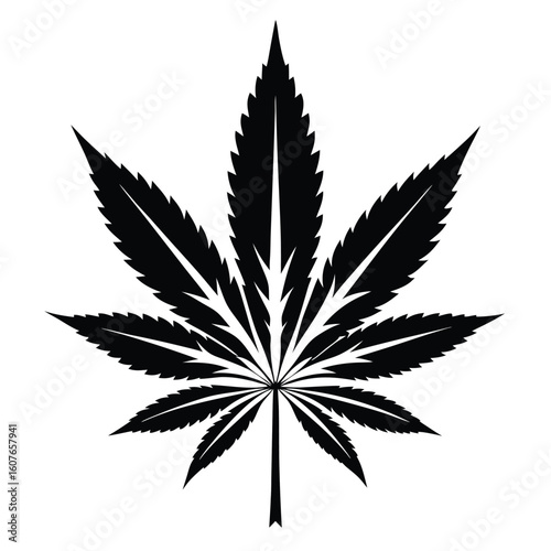 Black Cannabis Leaf Silhouette Isolated, Distinctive Serrated Edges, Elegant Cannabis Illustration